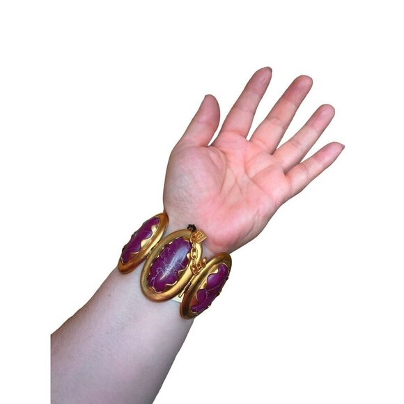 Anne Klein Couture vintage magenta marble cabochon hinge & pin clasp bracelet - Picture 7 of 11